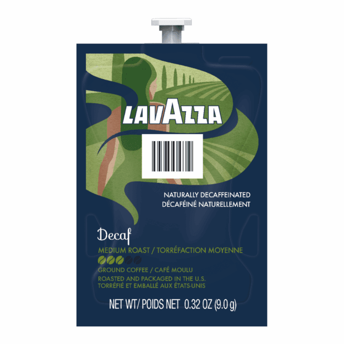 Lavazza Decaf coffee brew pack, single-serve commercial packet, smooth decaffeinated flavor, designed for professional coffee machines, featuring roasted coffee beans.