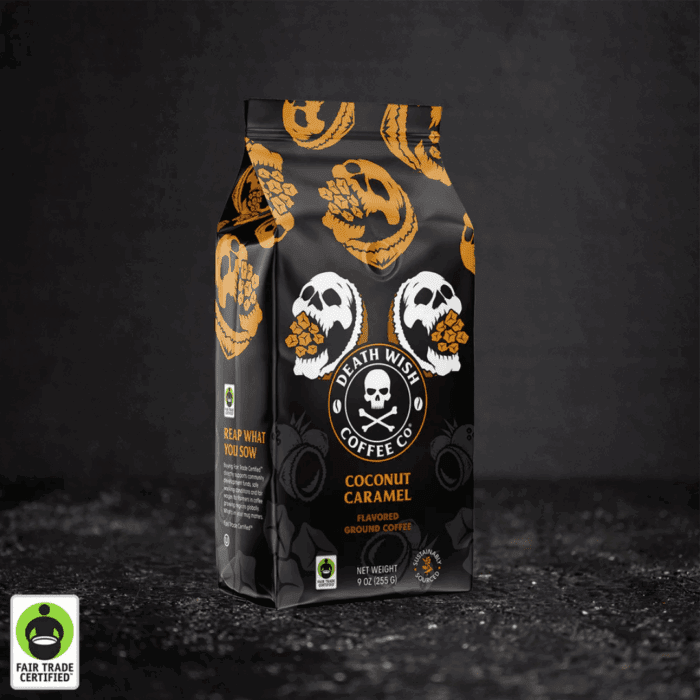 Death Wish Coconut Caramel Coffee (Seasonal), 6 bags per 9oz case, medium-roast with toasted coconut and caramel, Fair Trade high-caffeine coffee, featuring coffee beans and caramel drizzle.