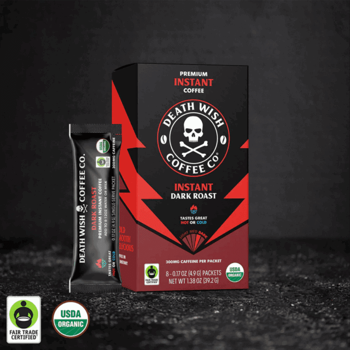 "Death Wish Dark Roast Instant Coffee, 8 packets per 8-count case, high-caffeine instant dark roast, formulated for NASA, perfect for on-the-go brewing.